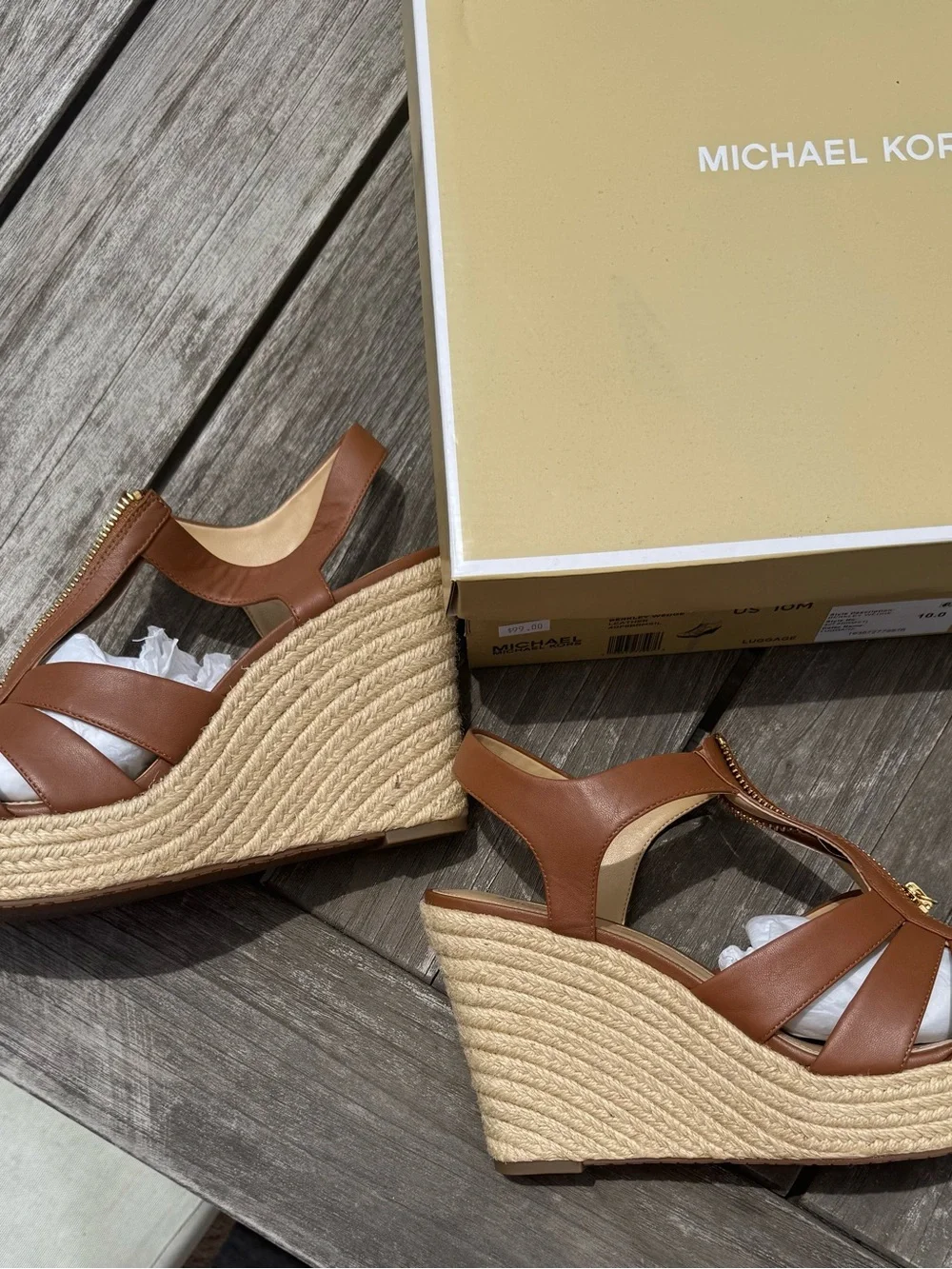 Michael Kors Luggage Brown Leather Espadrille Wedge Sandals with Gold Zip